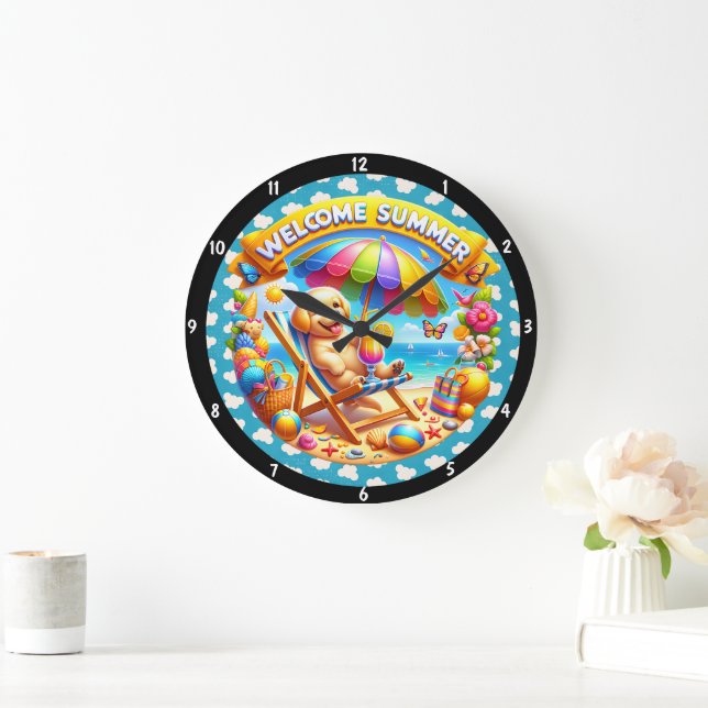 Summer Featuring  Beach Scene Relaxing Puppy Large Clock (Home)