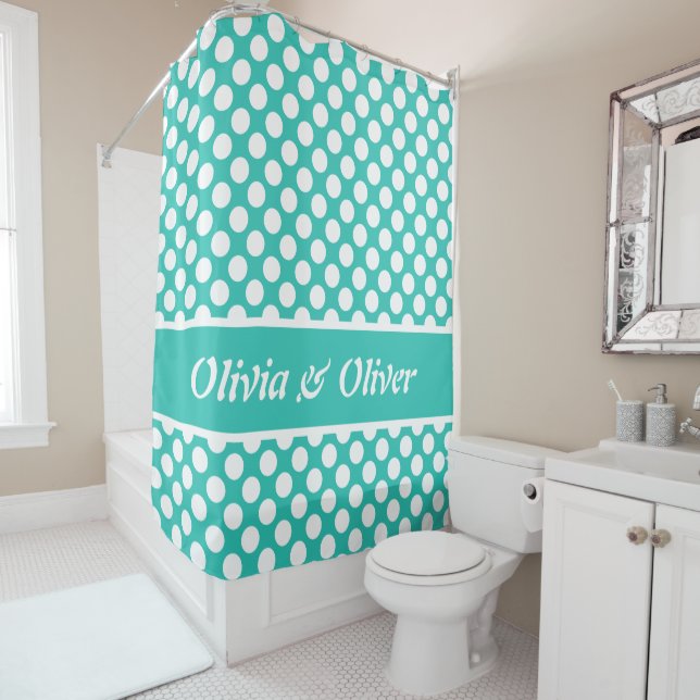 Summer Feel Turquoise & White Polka Dot Pattern Shower Curtain (In Situ)