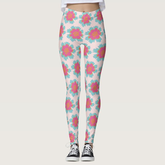 Summer feeling pink and blue floral pattern leggings (Front)