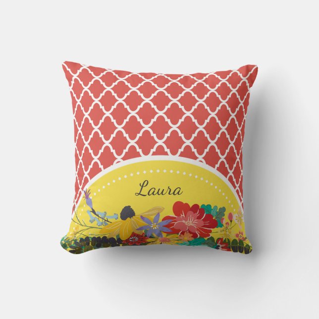 Summer Fiesta Red Floral Quatrefoil With Name Cushion (Front)