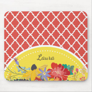 Summer Fiesta Red Floral Quatrefoil With Name Mouse Pad