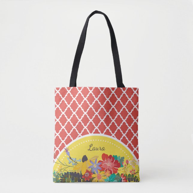 Summer Fiesta Red Floral Quatrefoil With Name Tote Bag (Front)