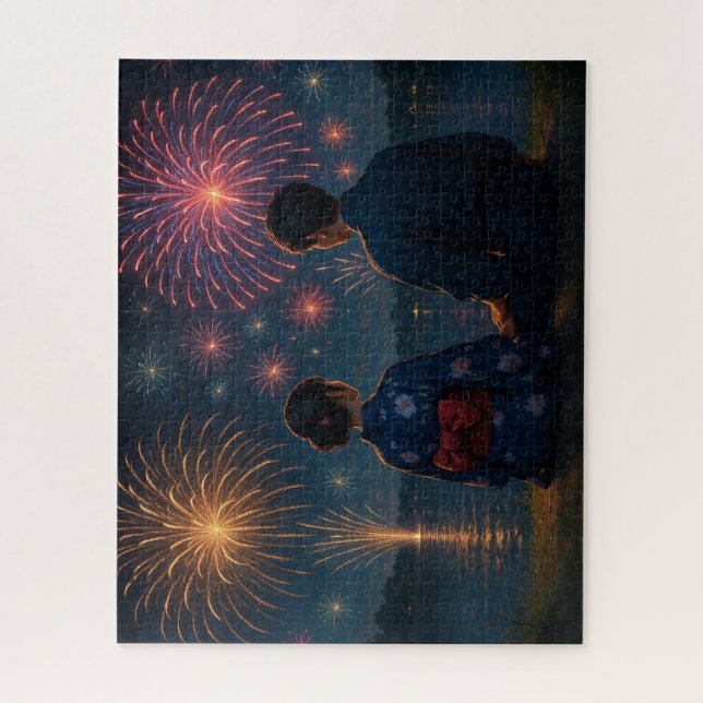 Summer Fireworks by the Lake with a Yukata Couple Jigsaw Puzzle (Vertical)