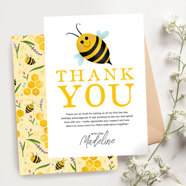 Summer First Bee Day 1st Birthday Thank You Card (Creator Uploaded)