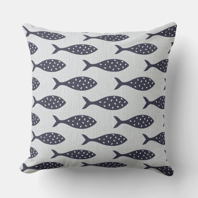 Summer Fish Textured Pattern Blue White Cushion (Front)