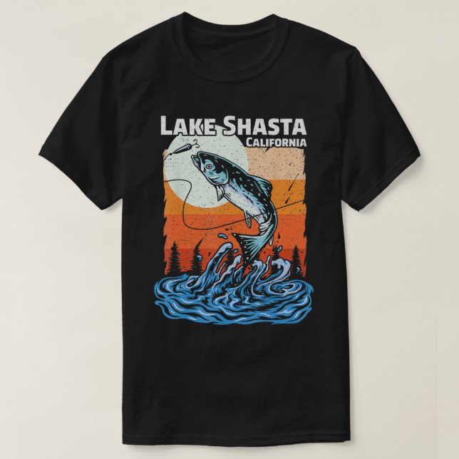 Summer Fishing Retro Sunset California Shasta Lake T-Shirt (Design Front)