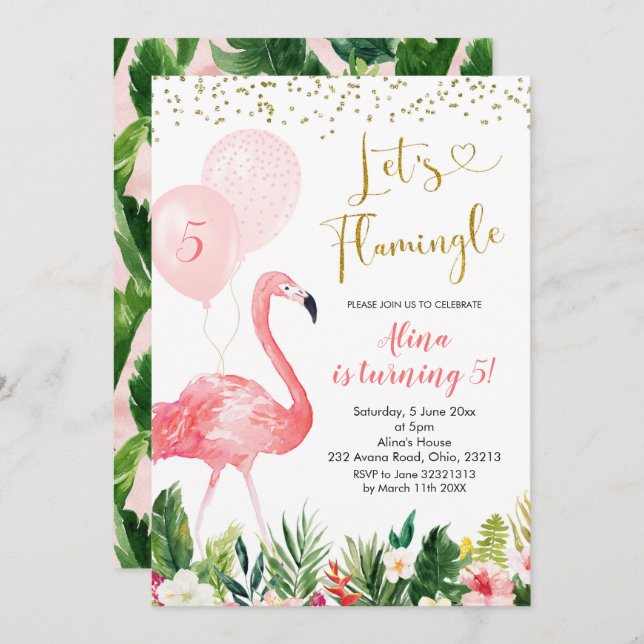 Summer Flamingo Balloon Birthday Invitation (Front/Back)