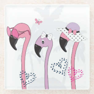 Summer Flamingo: Beach Vintage Illustration. Glass Coaster