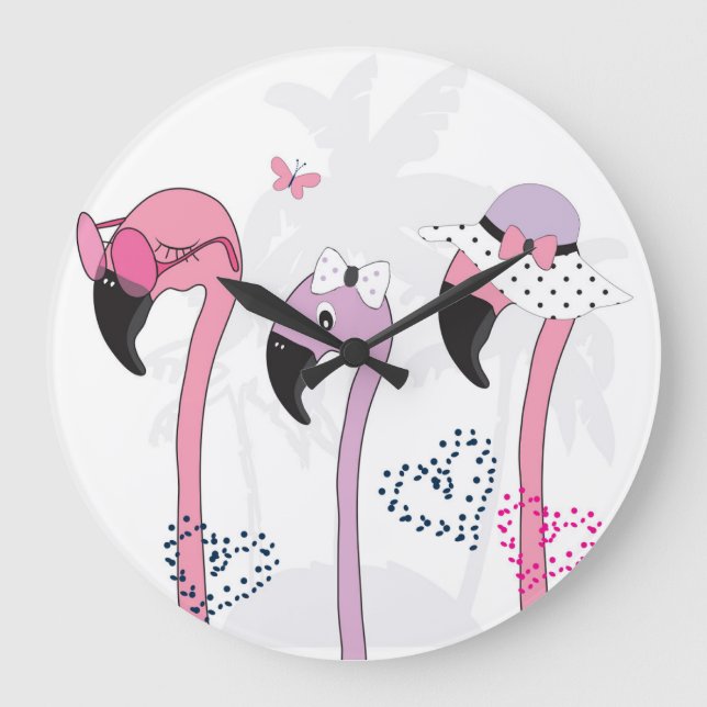 Summer Flamingo: Beach Vintage Illustration. Large Clock (Front)