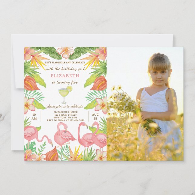 Summer Flamingo Birthday Invitation With Photo (Front)