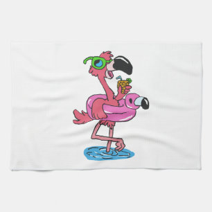Summer Flamingo cartoon choose background colour Tea Towel