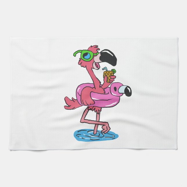 Summer Flamingo cartoon | choose background colour Tea Towel (Horizontal)
