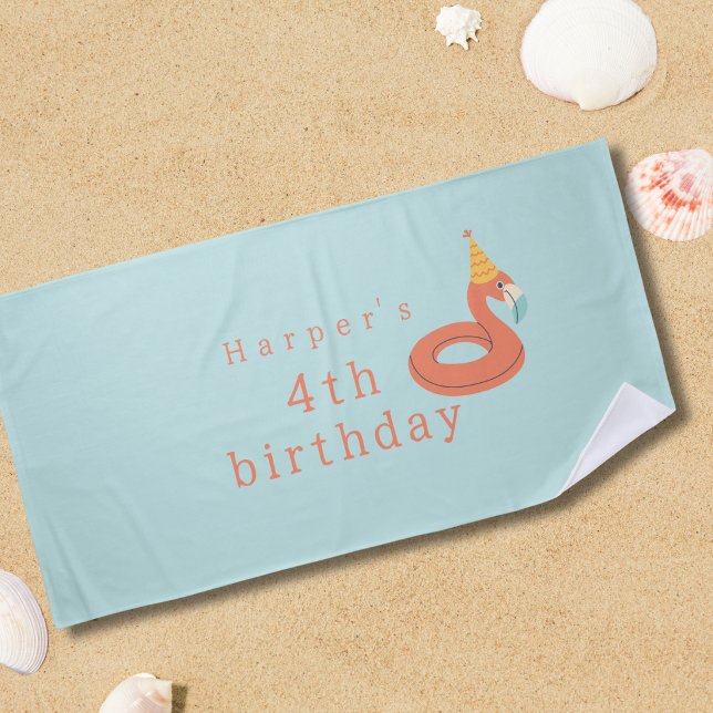 summer flamingo float  kids birthday pool party beach towel (flamingo birthday pool party modern fun beach pool towel )