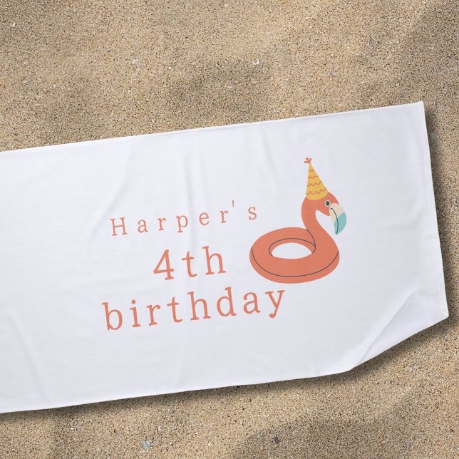 summer flamingo float kids birthday pool party beach towel (flamingo birthday pool party modern aesthetic personalized custom name beach towel party favor gift)