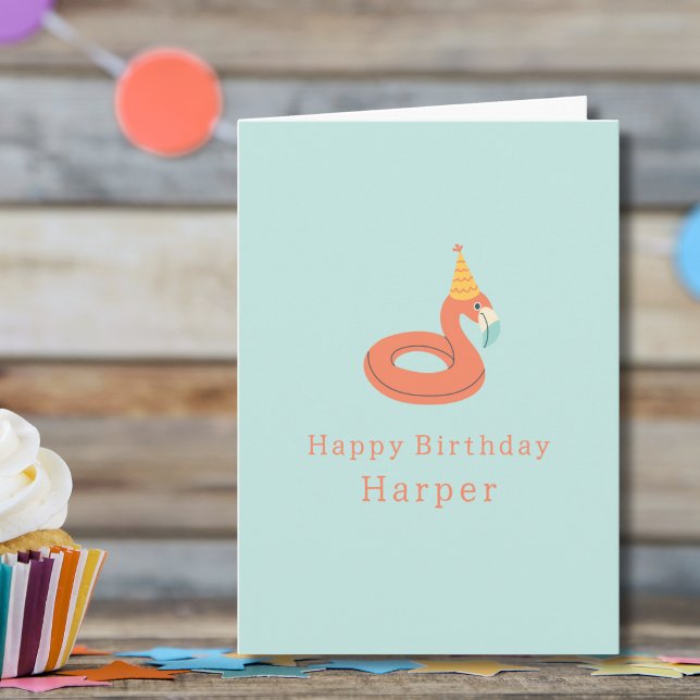 summer flamingo float kids birthday pool party card (flamingo birthday pool party personalized custom name birthday card)