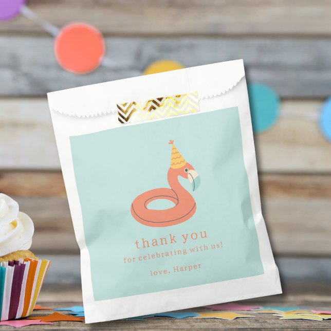 summer flamingo float kids birthday pool party favour bag (flamingo birthday pool party personalized name thank you for celebrating with us party favor bag
)
