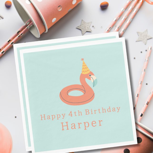 summer flamingo float kids birthday pool party napkin (flamingo happy birthday pool party modern paper napkins party supplies products)