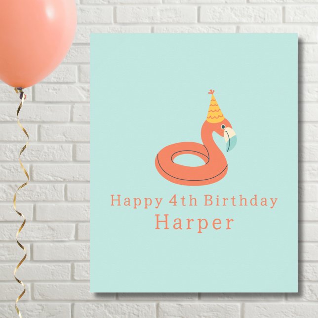 summer flamingo float kids birthday pool party poster (flamingo happy birthday pool party personalized name poster print sign. digital instant downloadable)
