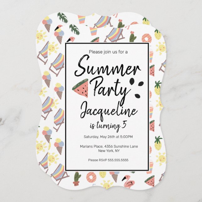 Summer Flamingo Hand Drawn Doodles Invitation (Front/Back)