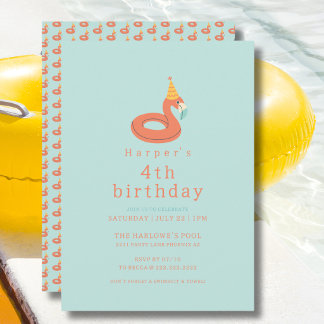summer flamingo modern kids birthday pool party invitation