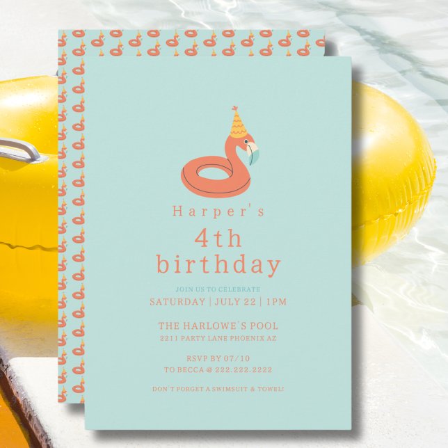 summer flamingo modern kids birthday pool party invitation (flamingo kids birthday pool party modern aesthetic invitations )