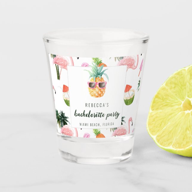 Summer Flamingo Pool Party Bachelorette Party Shot Glass (Front)
