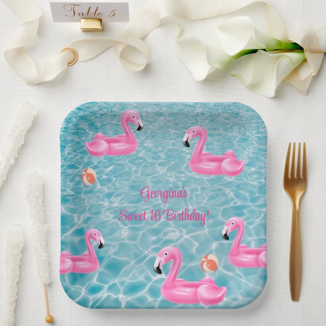 Summer Flamingo Pool Party Sweet 16 Birthday Paper Plate (Wedding)