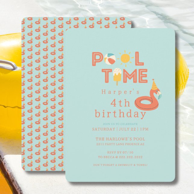 summer flamingo popsicle kids birthday pool party invitation (pool time flamingo beach ball sun popsicle  birthday party invitation )