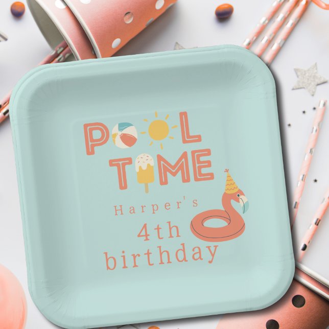 summer flamingo popsicle kids birthday pool party paper plate (flamingo pool time birthday pool party modern paper plates paper party products & supplies)