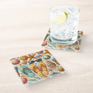 SUMMER FLIP FLOPS STARFISH SUNGLASSES & CUPCAKES GLASS COASTER