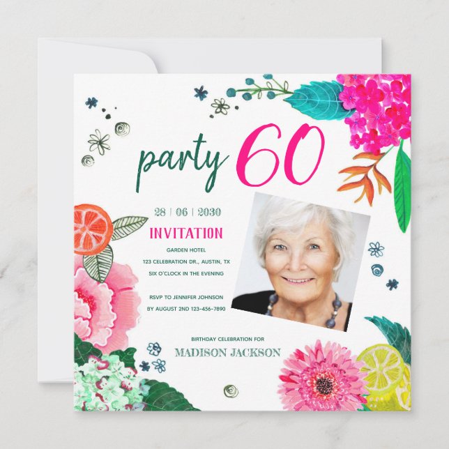 Summer Floral 60th Birthday Party Photo Invitation (Front)