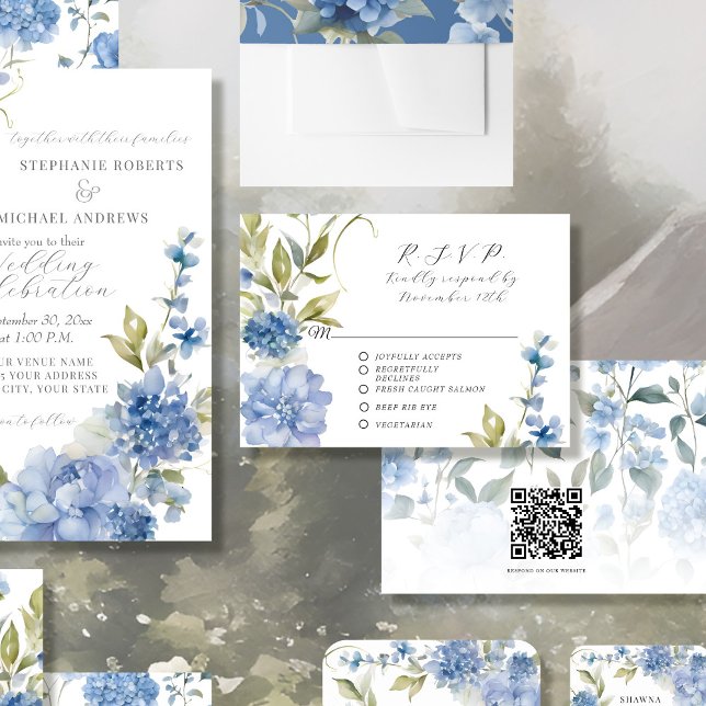 Summer Floral Blue and White Elegant Wedding RSVP Card (Creator Uploaded)