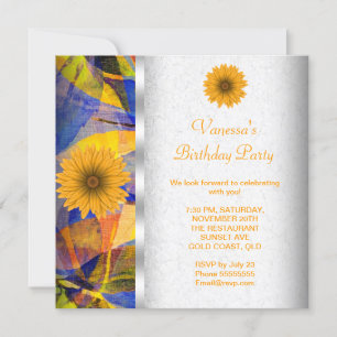 Summer Floral Blue Yellow Flowers Birthday Party Invitation