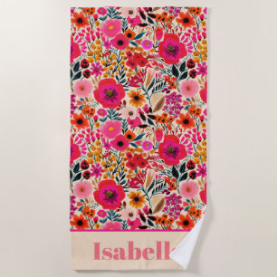 Summer Floral Colourful Pink Personalised Beach Towel