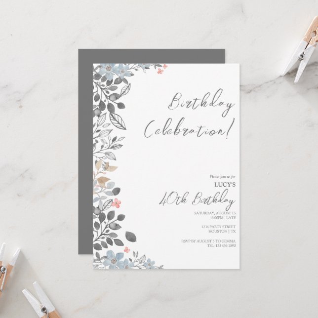 Summer Floral Decoration Birthday Party Invitation (Front/Back In Situ)