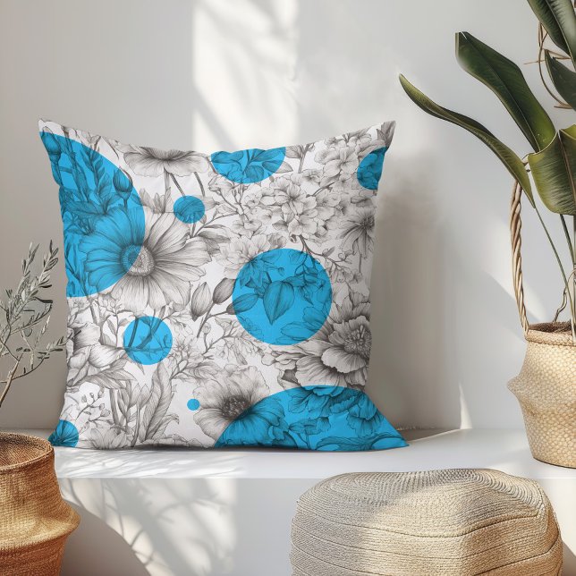 Summer Floral decorative Cyan Blue Retro Peonies Cushion (Modern floral throw pillow with black and white sketch flowers and cyan blue retro circles.)