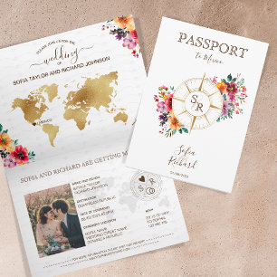 Summer Floral Destination Wedding Passport Invitation