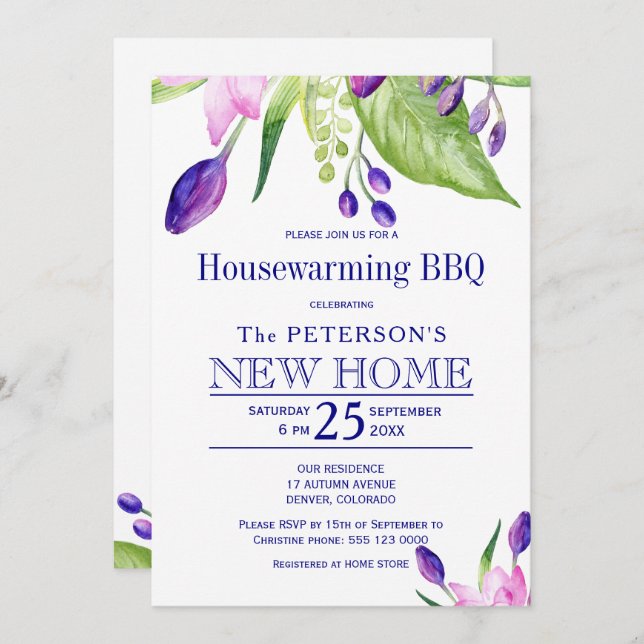 Summer floral elegant housewarming bbq invitation (Front/Back)