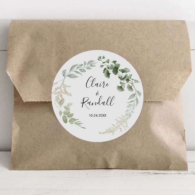 Summer Floral Green Foliage Wedding    Classic Round Sticker (Creator Uploaded)