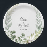 Summer Floral Green Foliage White Wedding  Paper Plate<br><div class="desc">This summer floral green foliage white wedding paper plate is perfect for a simple wedding reception. The design features watercolor green leaves and pink flowers bunched in artistic looking bouquets.</div>