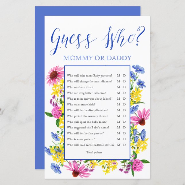 Summer Floral Guess Who Baby Shower Game (Front/Back)