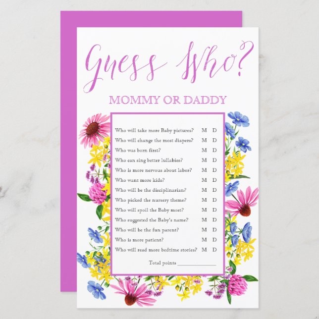 Summer Floral Guess Who Baby Shower Game (Front/Back)