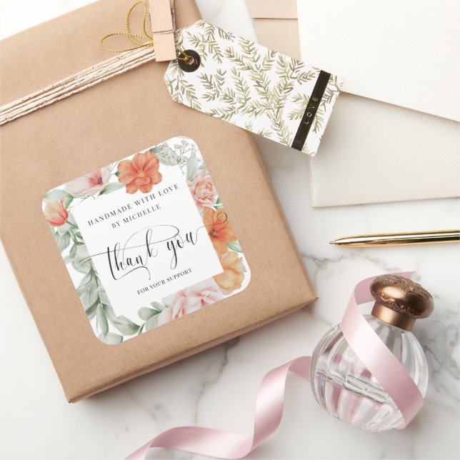 summer floral handmade with love thank you square sticker (Gifting)