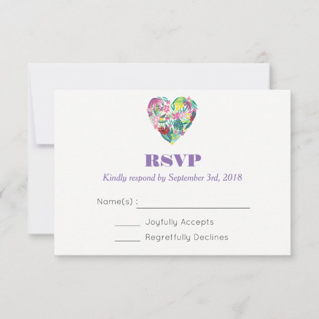 Summer Floral Heart in Pink and Green Wedding RSVP (Front)