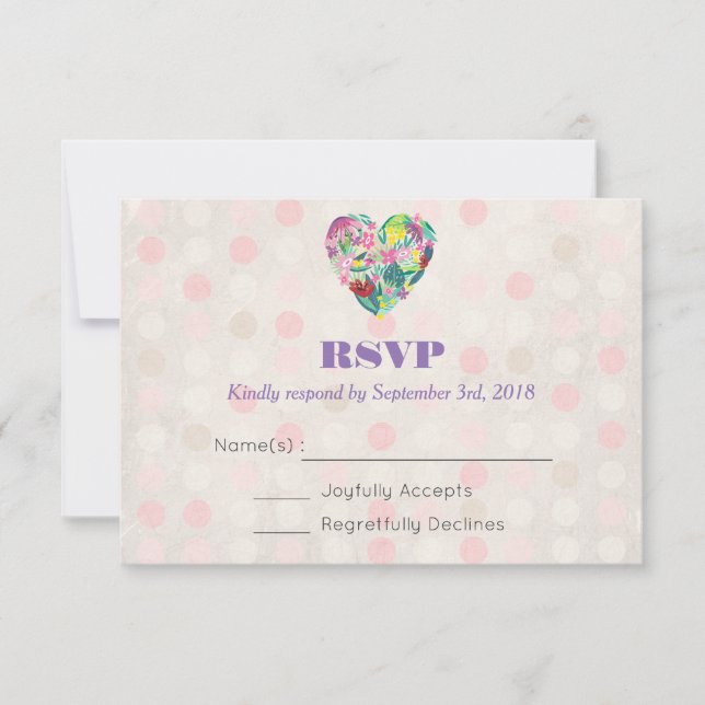 Summer Floral Heart in Pink and Green Wedding RSVP Card (Front)