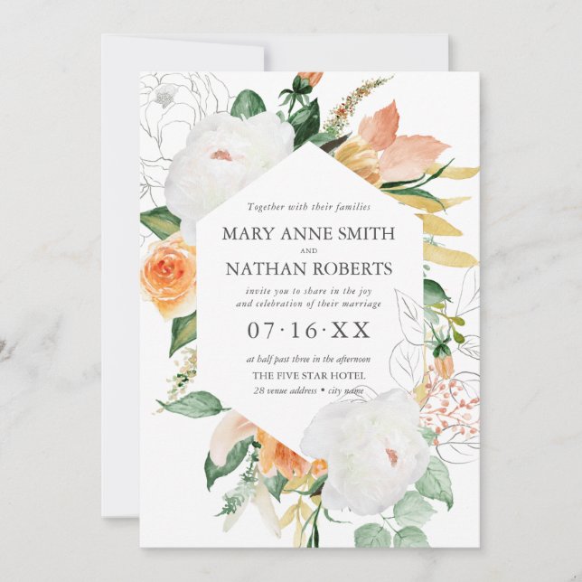 Summer Floral Orange Geometric Botanical Wedding   Invitation (Front)