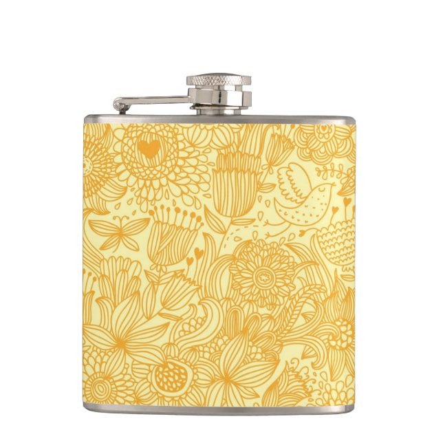 Summer floral pattern in warm colours hip flask (Front)