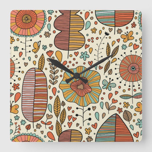 Summer floral pattern made of leaves square wall clock (Front)