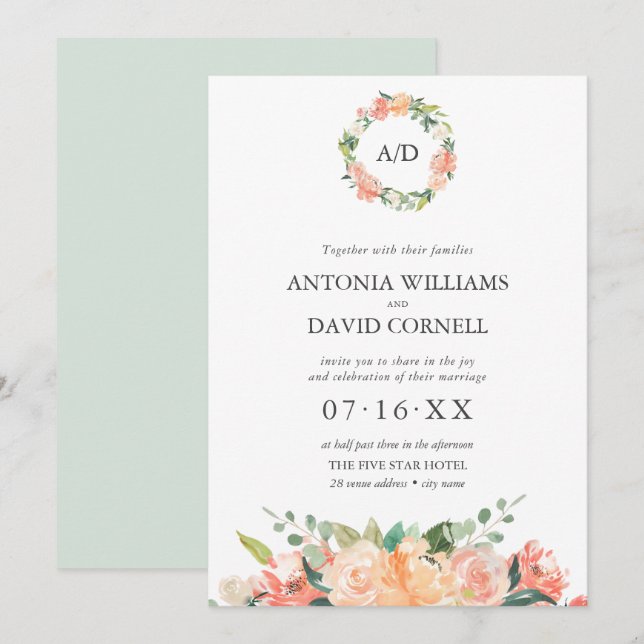 Summer Floral Peach  Botanical Monogram Wedding  I Invitation (Front/Back)
