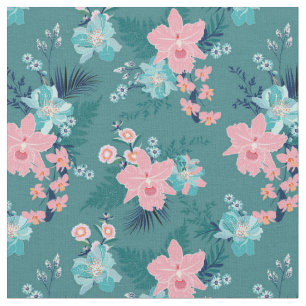 Summer Floral, Pink on Teal Background Fabric
